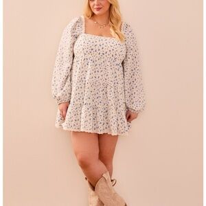 Arula Joanna Blue Floral Square Neck Mini Dress Cutout Tie Back Plus Size 2X NWT